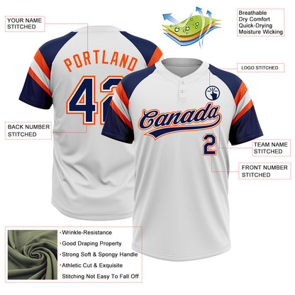 Custom White Navy-Orange Raglan Sleeves Stripes Two-Button Unisex Softball Jersey