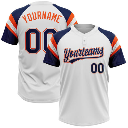 Custom White Navy-Orange Raglan Sleeves Stripes Two-Button Unisex Softball Jersey