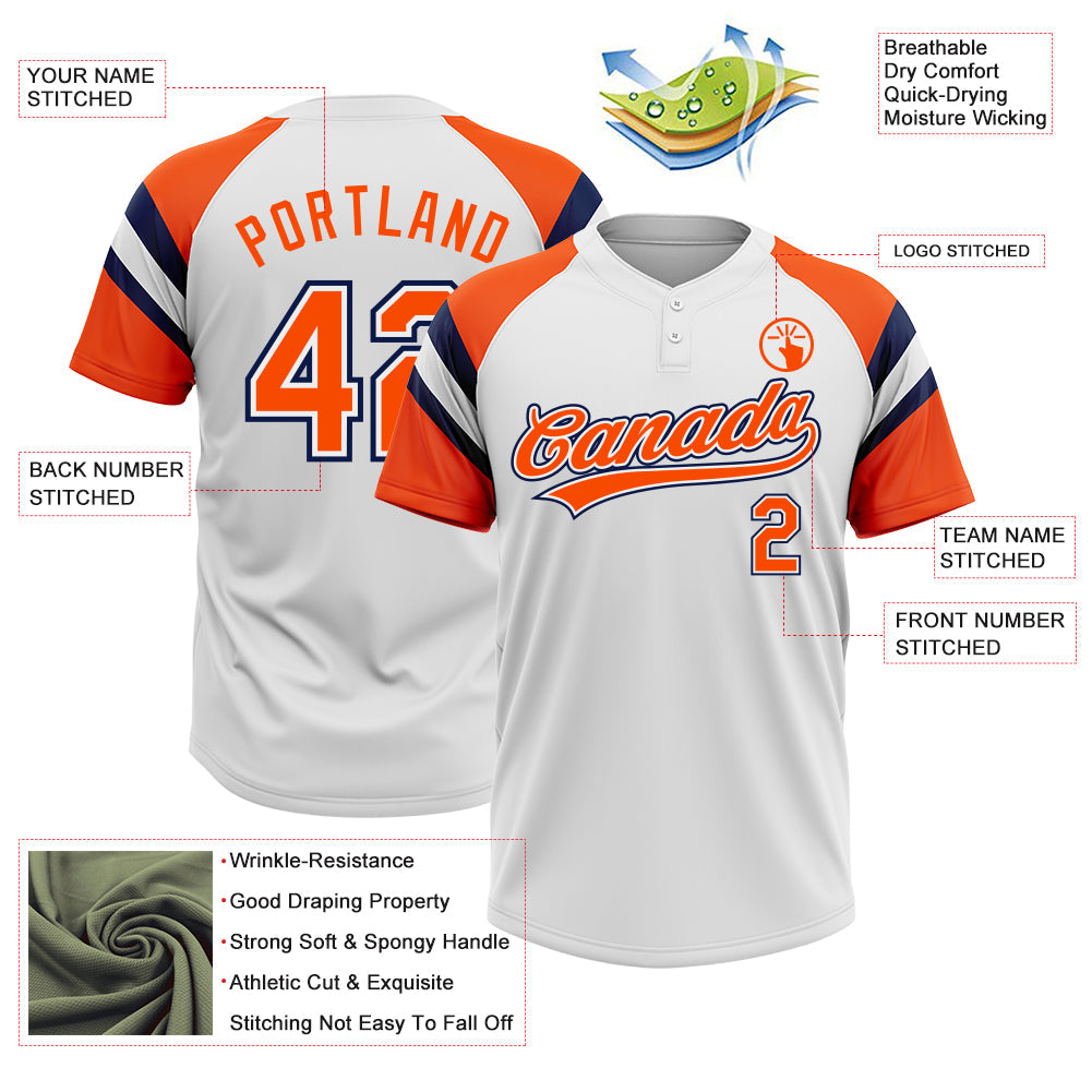Custom White Orange-Navy Raglan Sleeves Stripes Two-Button Unisex Softball Jersey