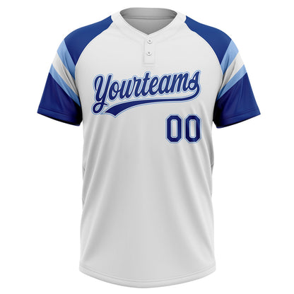 Custom White Royal-Light Blue Raglan Sleeves Stripes Two-Button Unisex Softball Jersey
