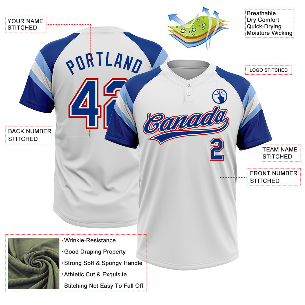 Custom White Royal-Light Blue Raglan Sleeves Stripes Two-Button Unisex Softball Jersey