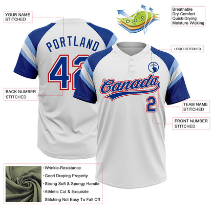 Custom White Royal-Light Blue Raglan Sleeves Stripes Two-Button Unisex Softball Jersey
