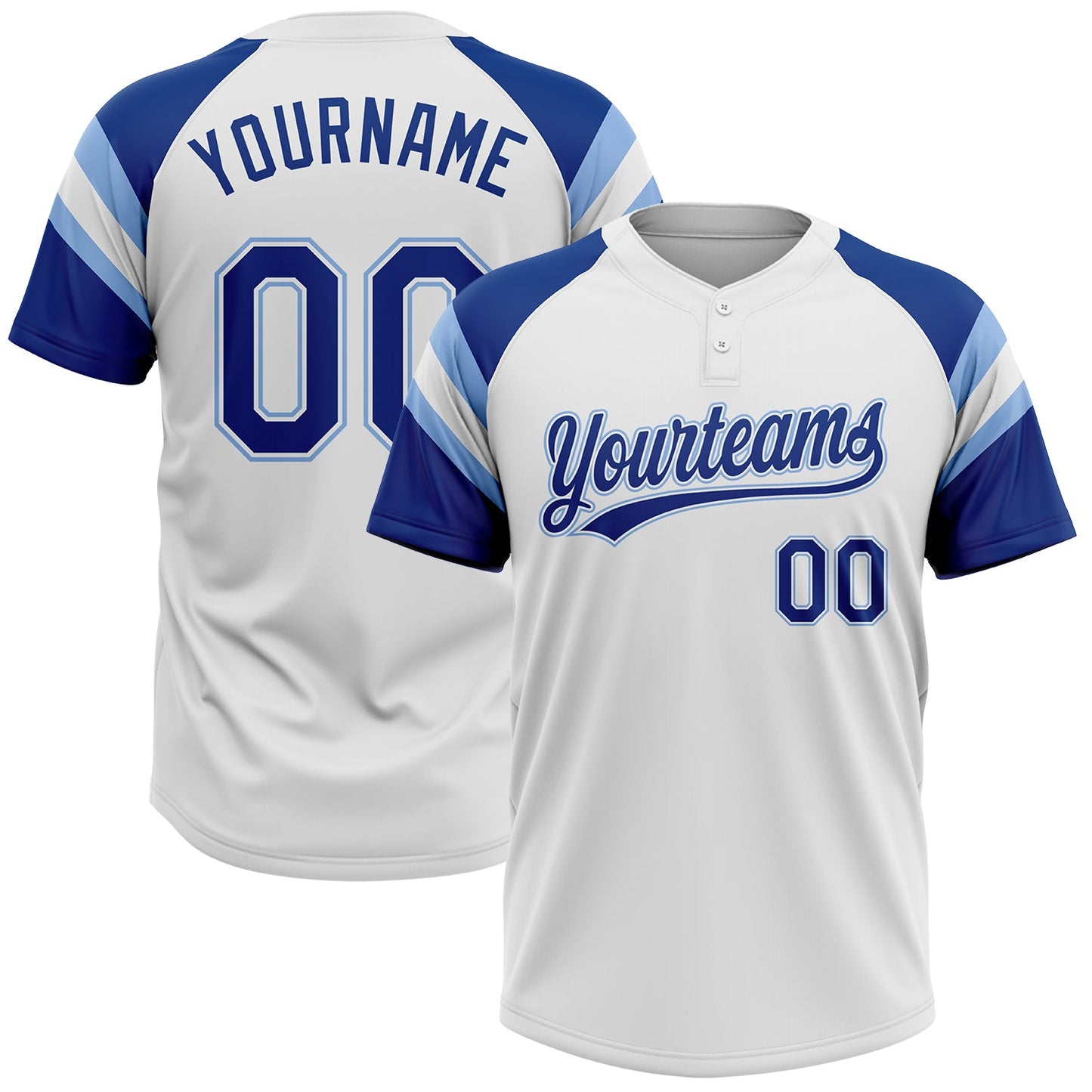 Custom White Royal-Light Blue Raglan Sleeves Stripes Two-Button Unisex Softball Jersey