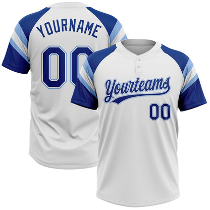 Custom White Royal-Light Blue Raglan Sleeves Stripes Two-Button Unisex Softball Jersey