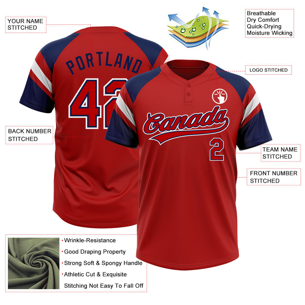 Custom Red Navy-White Raglan Sleeves Stripes Two-Button Unisex Softball Jersey