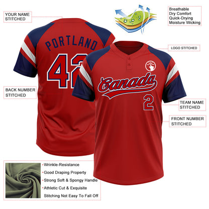 Custom Red Navy-White Raglan Sleeves Stripes Two-Button Unisex Softball Jersey