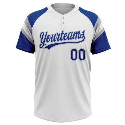 Custom White Royal-Gray Raglan Sleeves Stripes Two-Button Unisex Softball Jersey