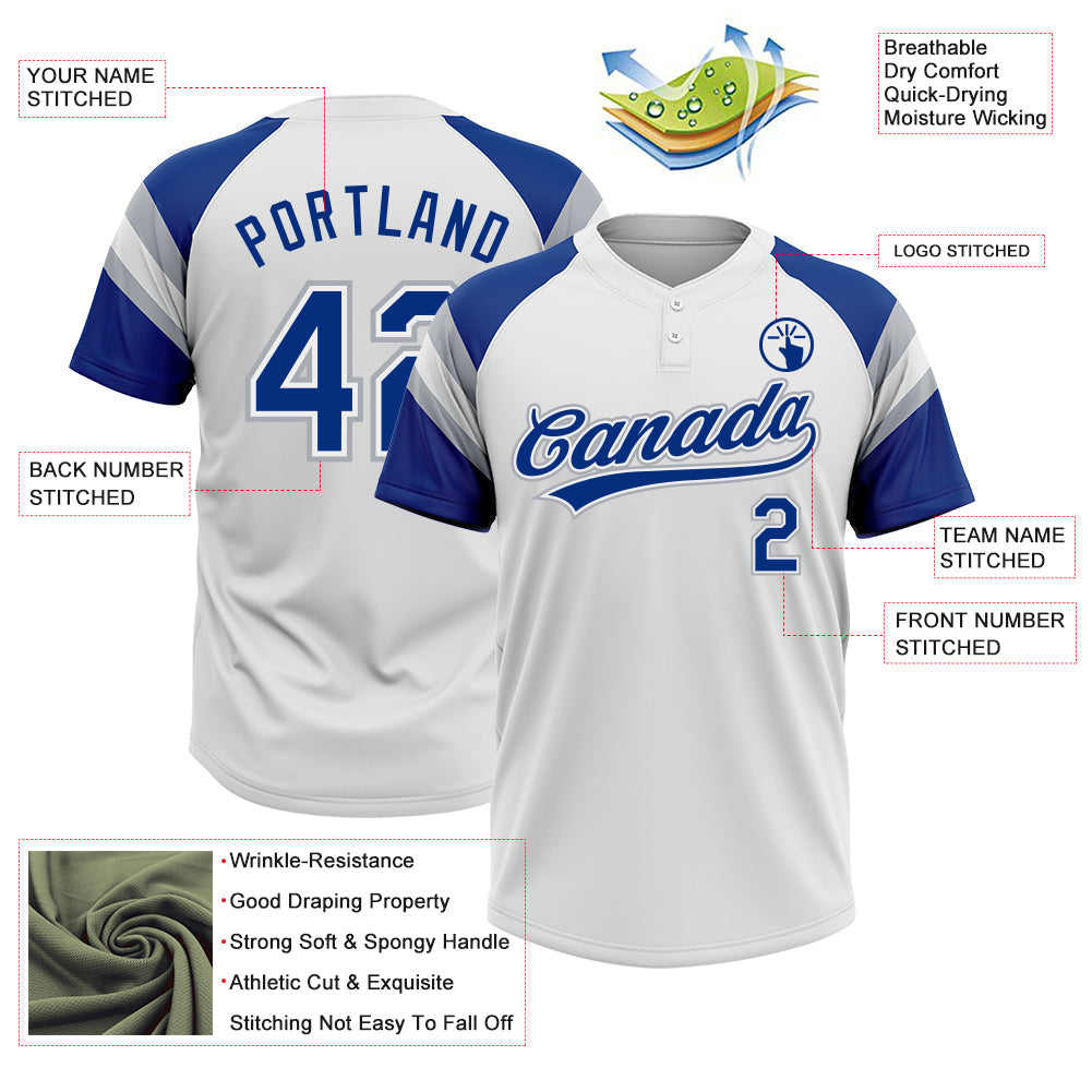 Custom White Royal-Gray Raglan Sleeves Stripes Two-Button Unisex Softball Jersey