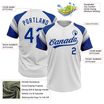 Custom White Royal-Gray Raglan Sleeves Stripes Two-Button Unisex Softball Jersey