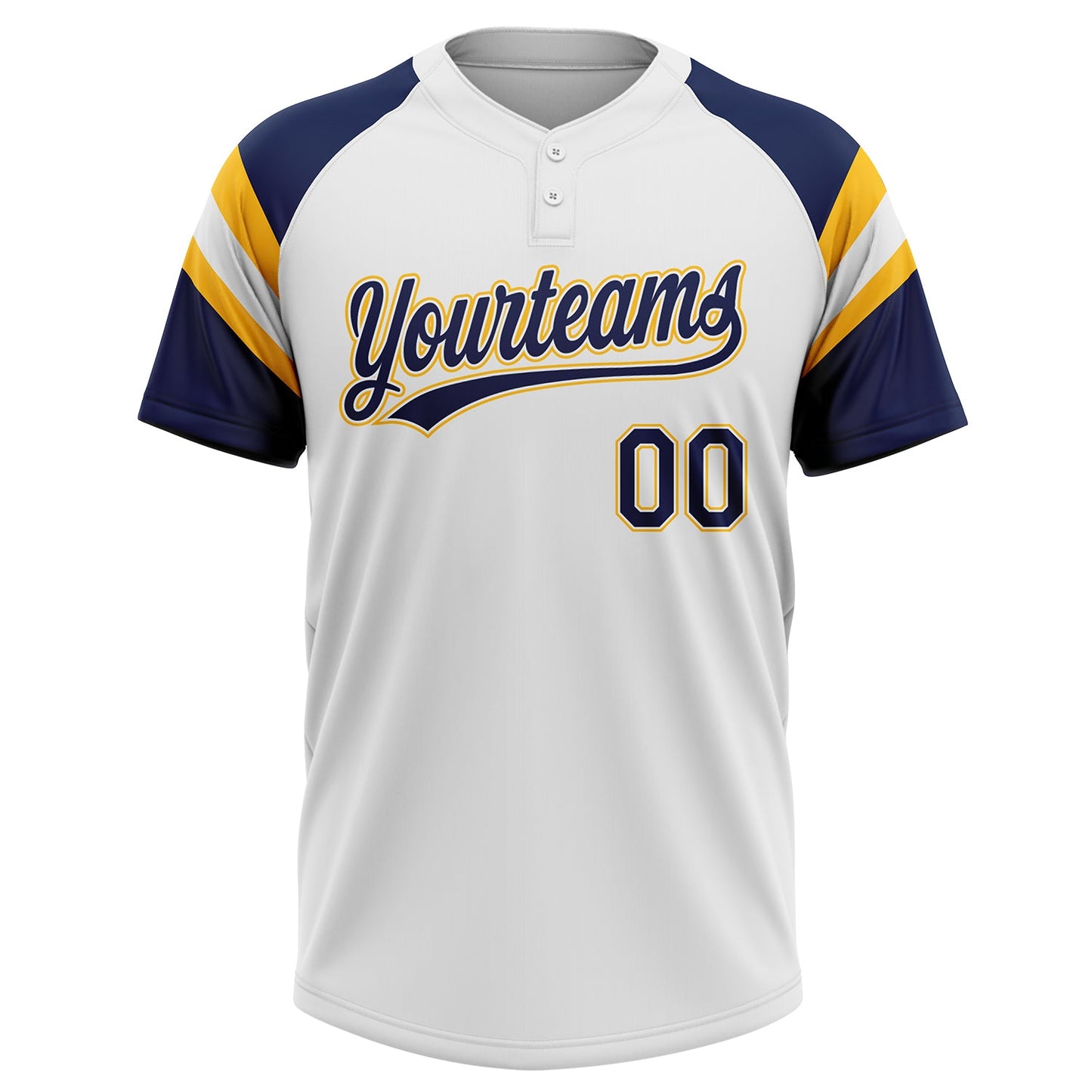 Custom White Navy-Gold Raglan Sleeves Stripes Two-Button Unisex Softball Jersey