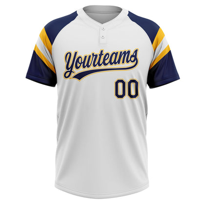 Custom White Navy-Gold Raglan Sleeves Stripes Two-Button Unisex Softball Jersey