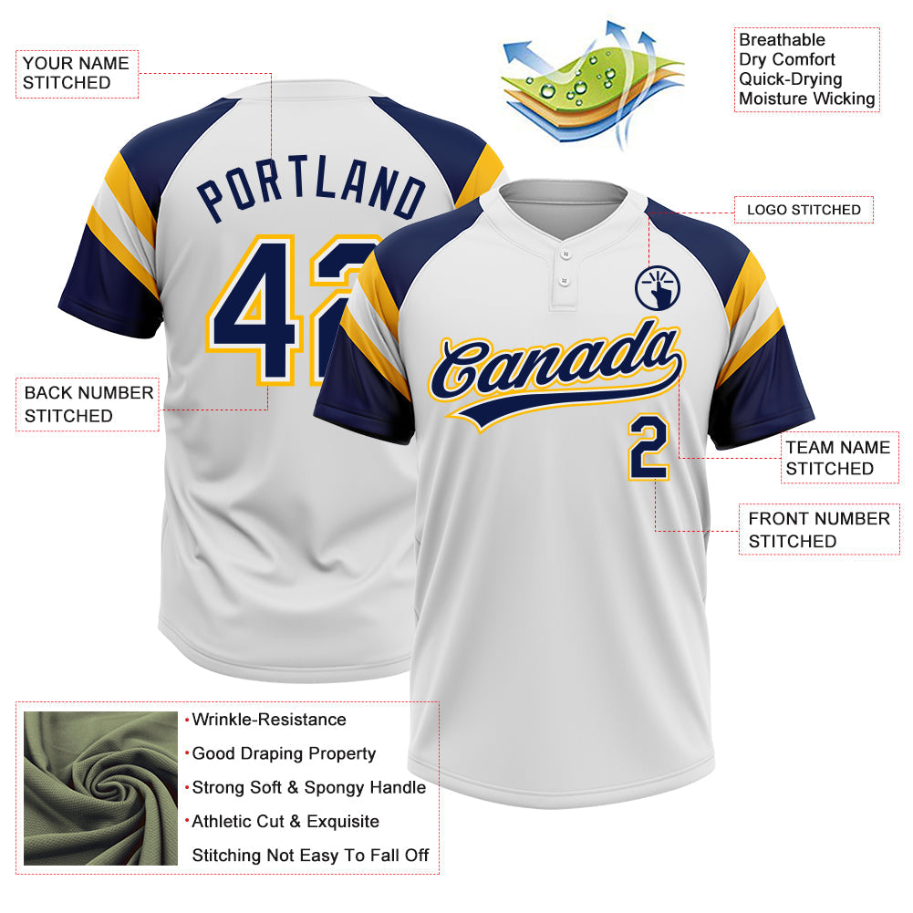 Custom White Navy-Gold Raglan Sleeves Stripes Two-Button Unisex Softball Jersey
