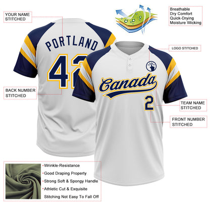 Custom White Navy-Gold Raglan Sleeves Stripes Two-Button Unisex Softball Jersey