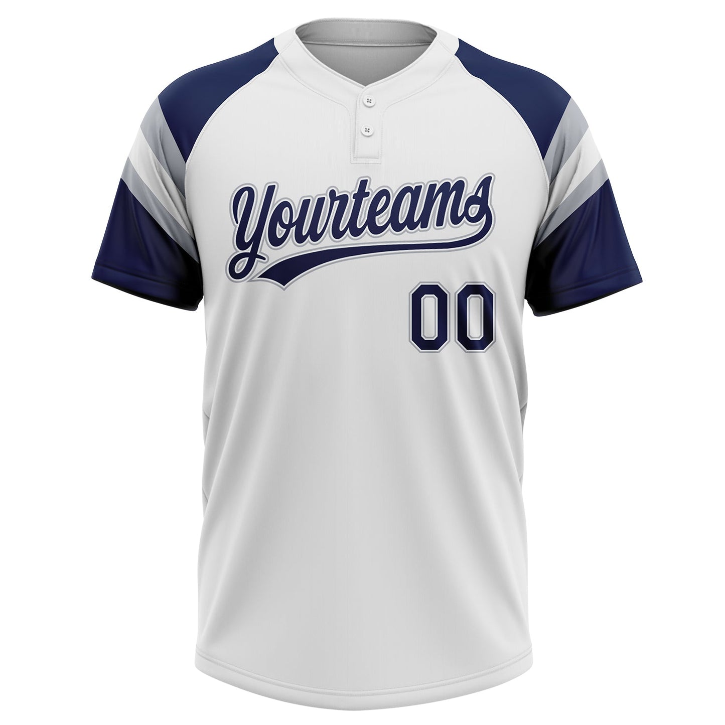Custom White Navy-Gray Raglan Sleeves Stripes Two-Button Unisex Softball Jersey