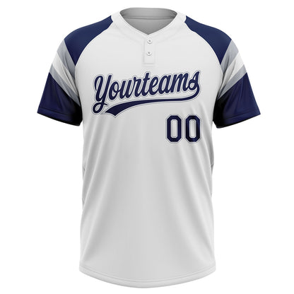 Custom White Navy-Gray Raglan Sleeves Stripes Two-Button Unisex Softball Jersey