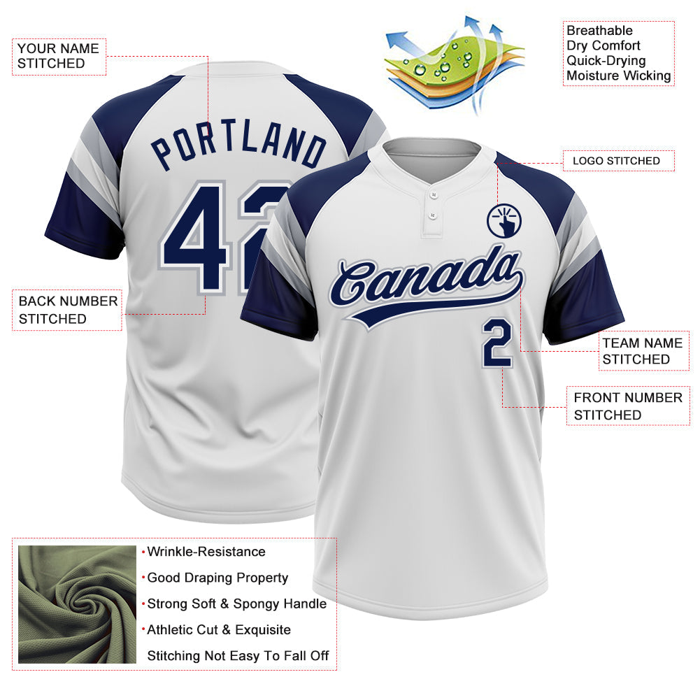 Custom White Navy-Gray Raglan Sleeves Stripes Two-Button Unisex Softball Jersey