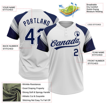 Custom White Navy-Gray Raglan Sleeves Stripes Two-Button Unisex Softball Jersey