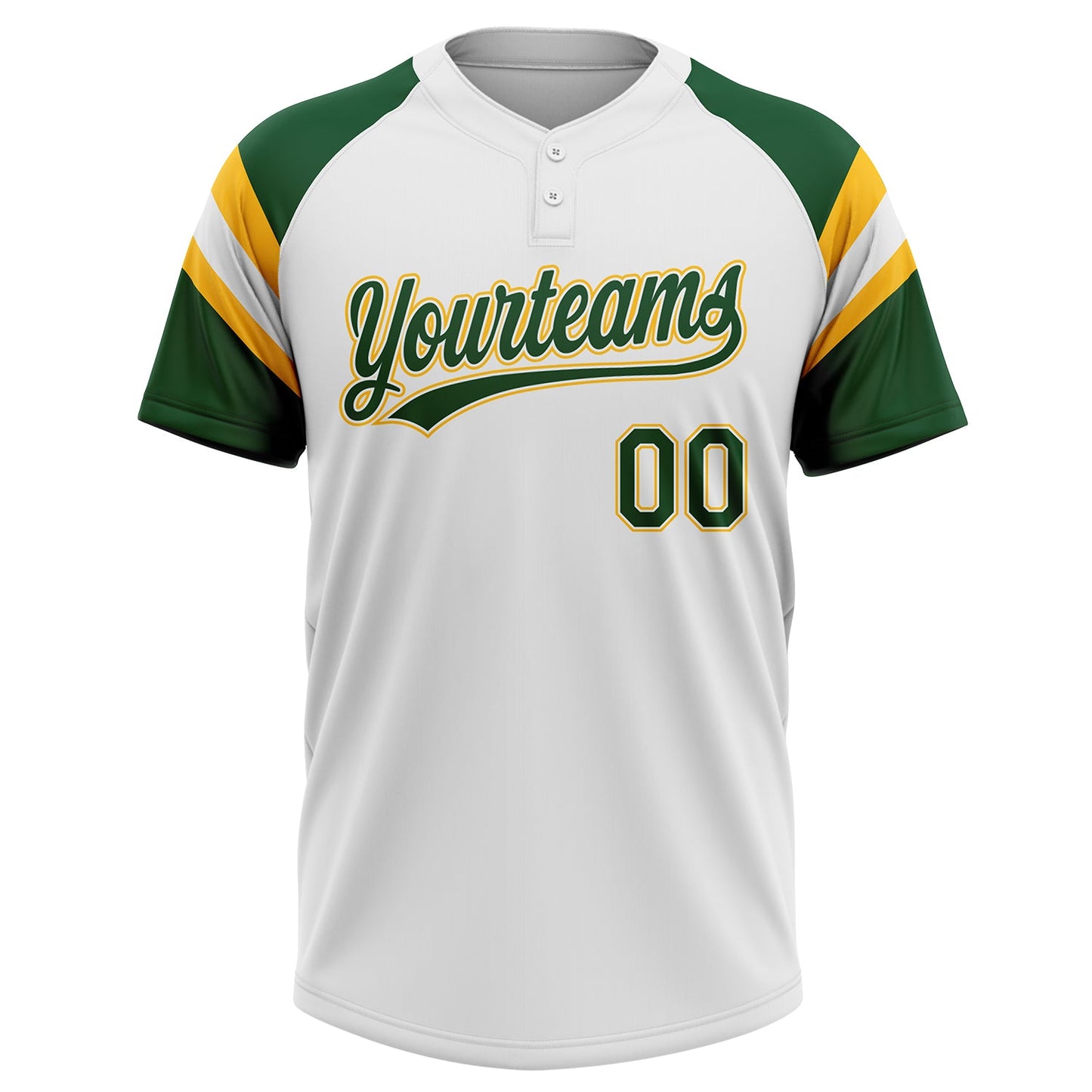 Custom White Green-Gold Raglan Sleeves Stripes Two-Button Unisex Softball Jersey