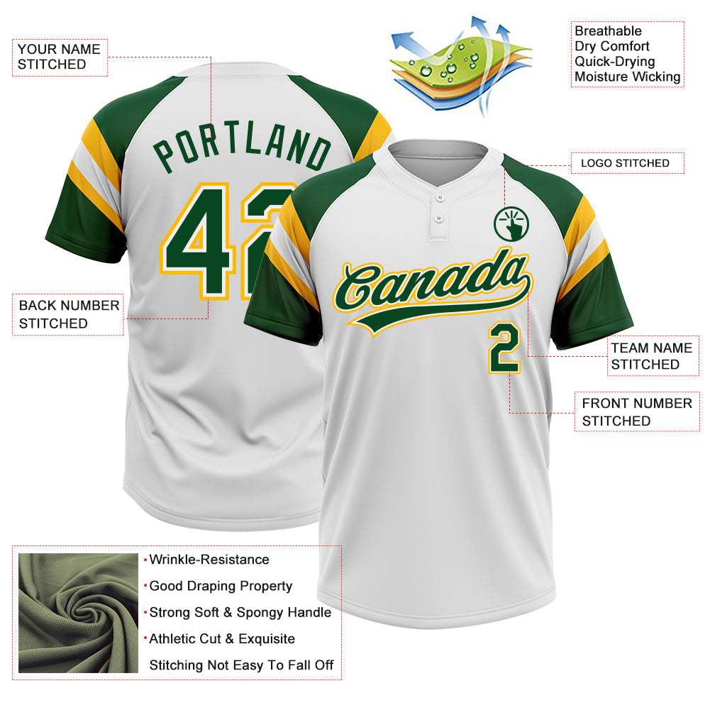 Custom White Green-Gold Raglan Sleeves Stripes Two-Button Unisex Softball Jersey