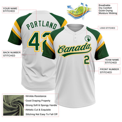Custom White Green-Gold Raglan Sleeves Stripes Two-Button Unisex Softball Jersey