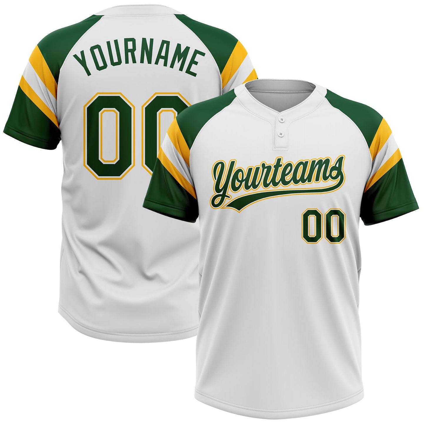 Custom White Green-Gold Raglan Sleeves Stripes Two-Button Unisex Softball Jersey