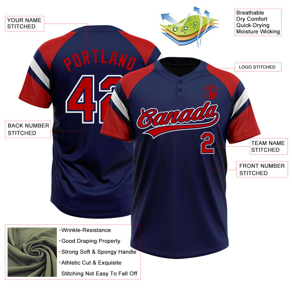 Custom Navy Red-White Raglan Sleeves Stripes Two-Button Unisex Softball Jersey