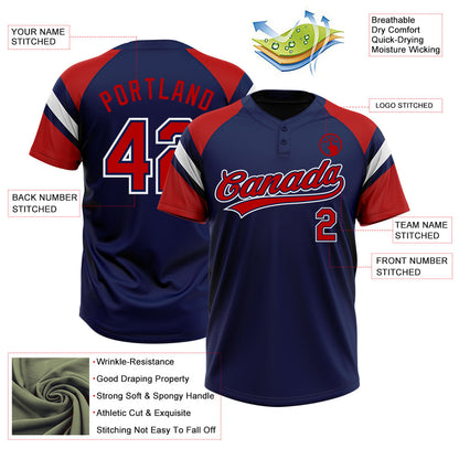 Custom Navy Red-White Raglan Sleeves Stripes Two-Button Unisex Softball Jersey