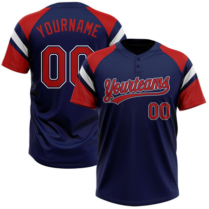 Custom Navy Red-White Raglan Sleeves Stripes Two-Button Unisex Softball Jersey