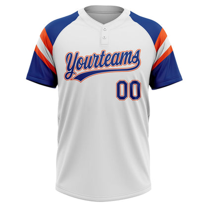 Custom White Royal-Orange Raglan Sleeves Stripes Two-Button Unisex Softball Jersey