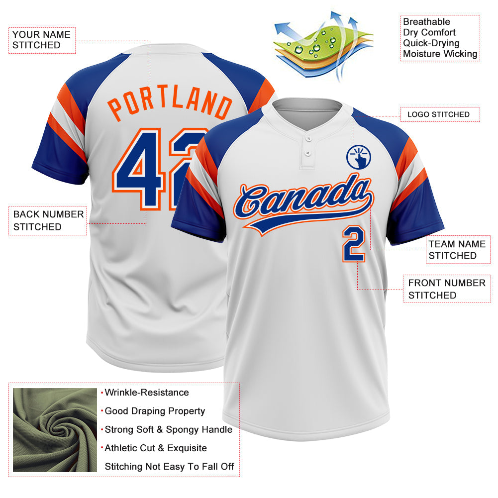 Custom White Royal-Orange Raglan Sleeves Stripes Two-Button Unisex Softball Jersey