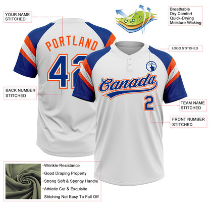 Custom White Royal-Orange Raglan Sleeves Stripes Two-Button Unisex Softball Jersey