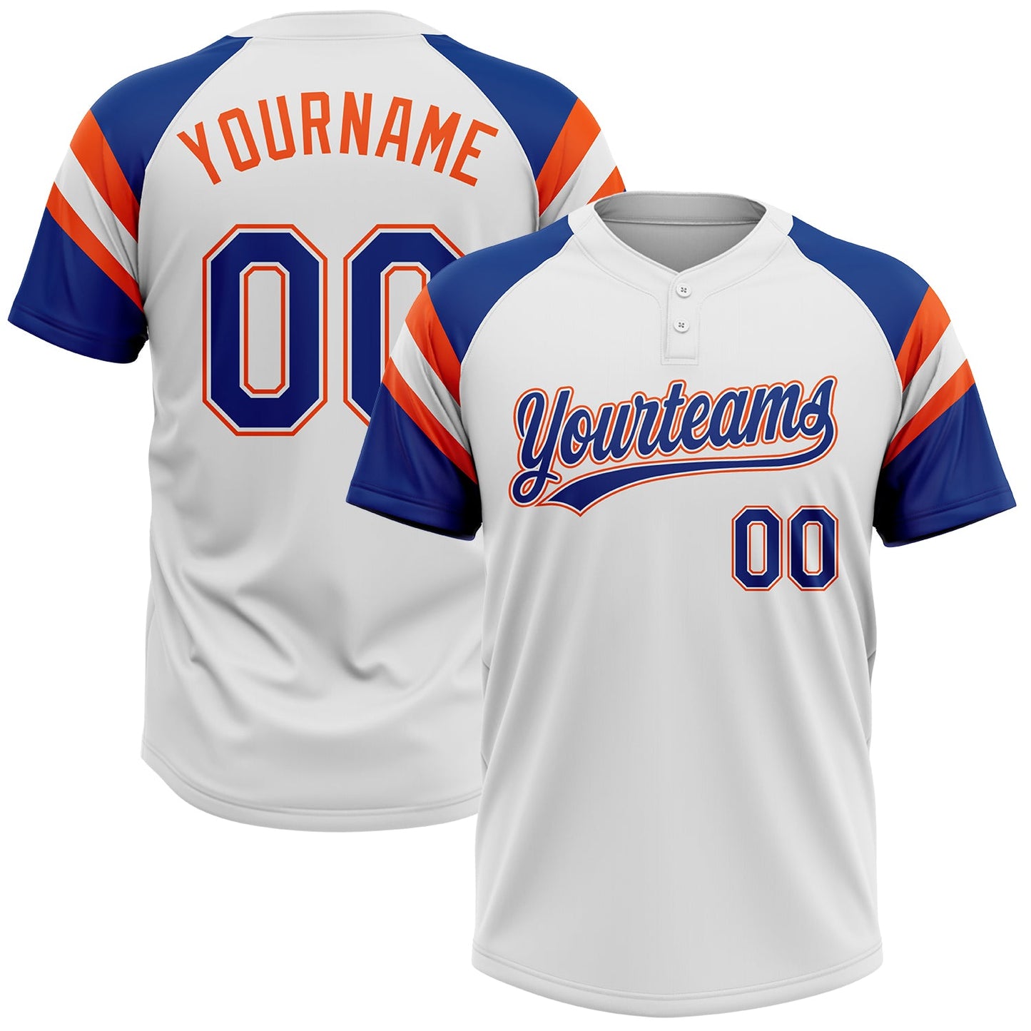 Custom White Royal-Orange Raglan Sleeves Stripes Two-Button Unisex Softball Jersey