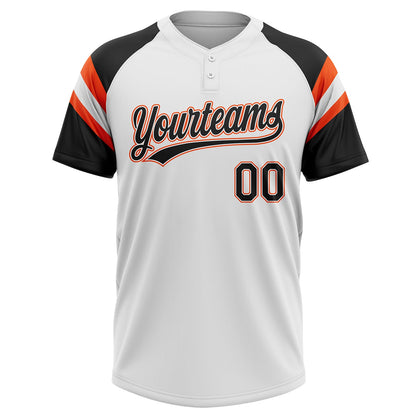 Custom White Black-Orange Raglan Sleeves Stripes Two-Button Unisex Softball Jersey