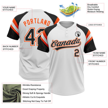 Custom White Black-Orange Raglan Sleeves Stripes Two-Button Unisex Softball Jersey