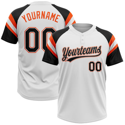 Custom White Black-Orange Raglan Sleeves Stripes Two-Button Unisex Softball Jersey