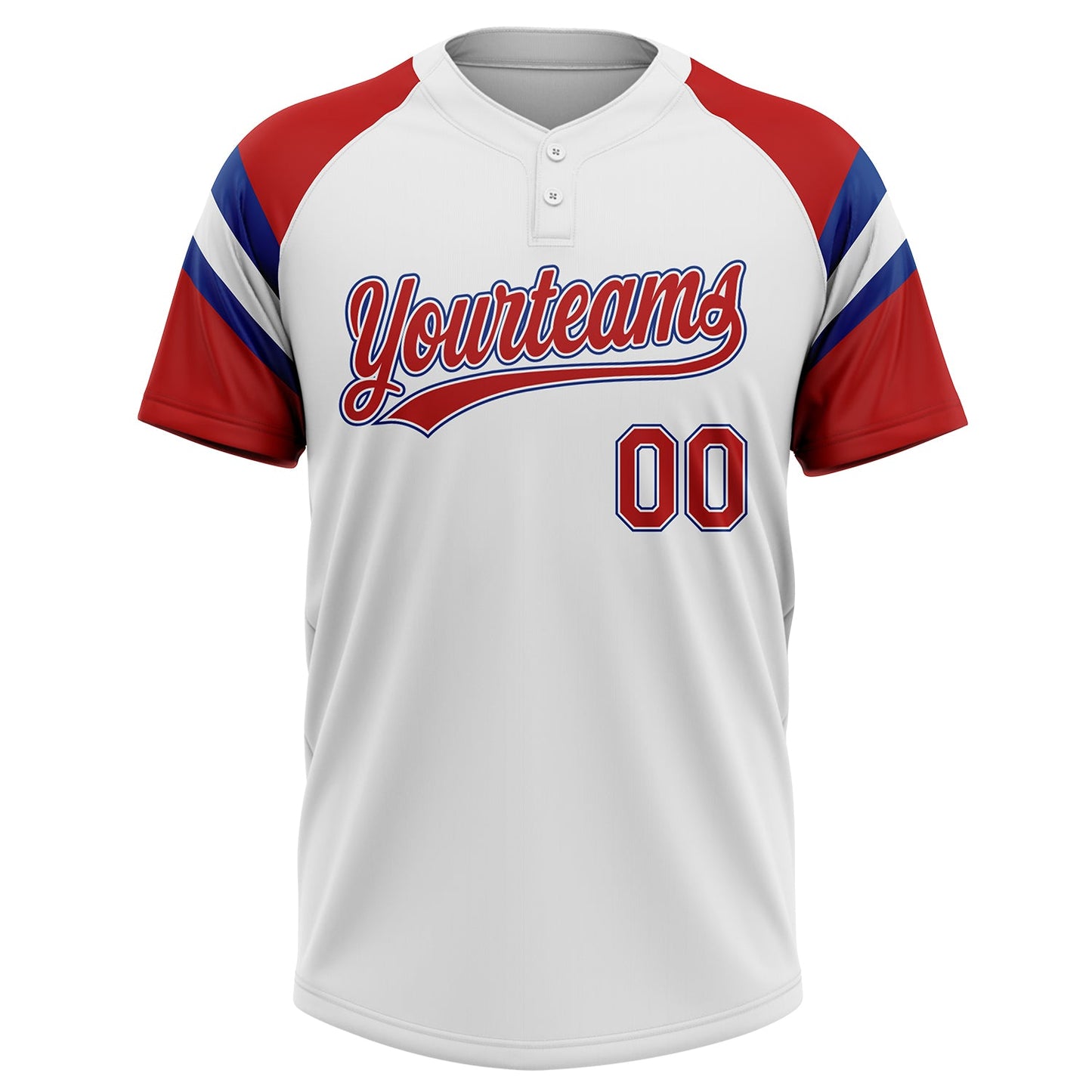 Custom White Red-Royal Raglan Sleeves Stripes Two-Button Unisex Softball Jersey