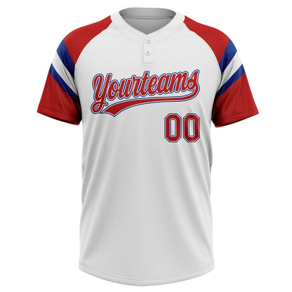Custom White Red-Royal Raglan Sleeves Stripes Two-Button Unisex Softball Jersey