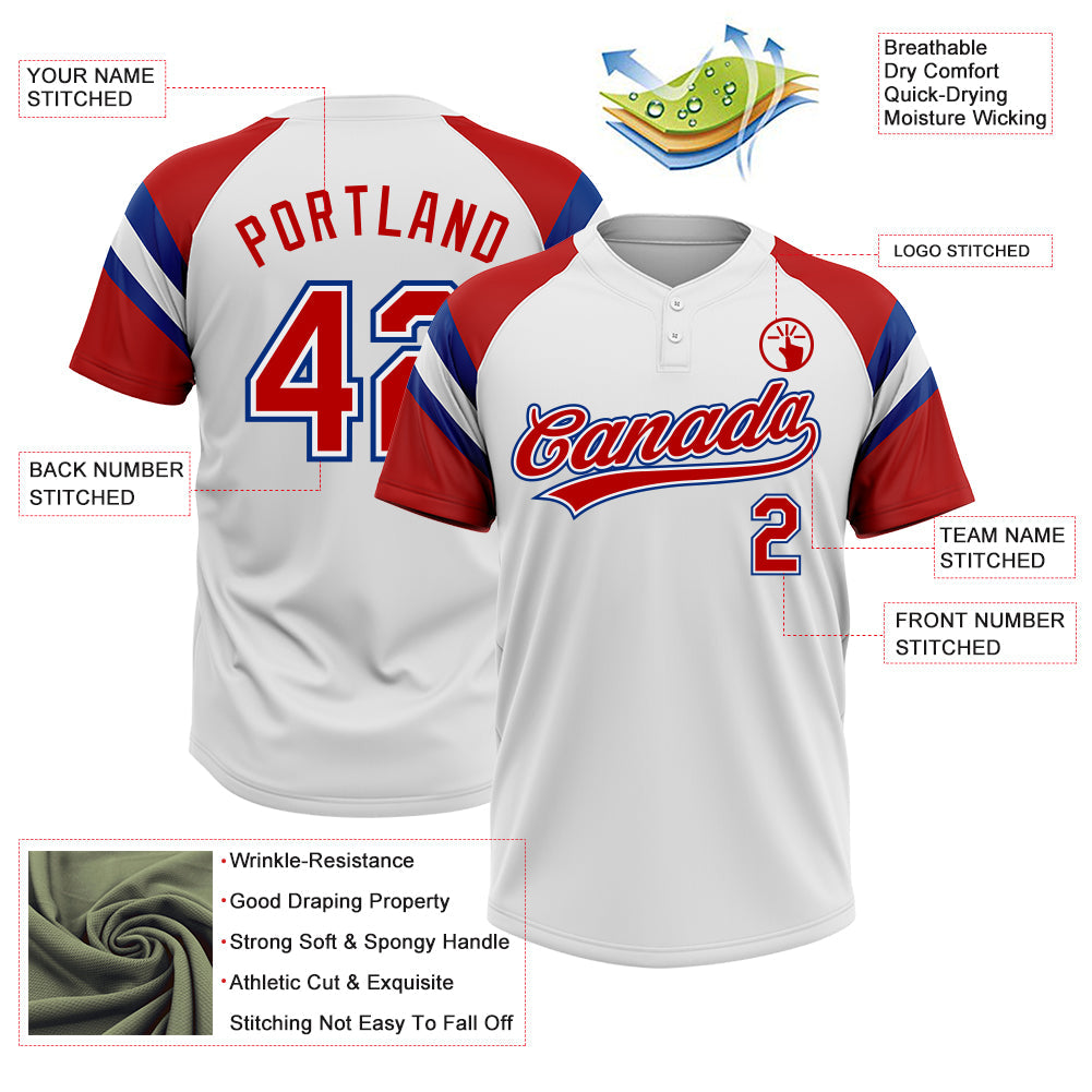 Custom White Red-Royal Raglan Sleeves Stripes Two-Button Unisex Softball Jersey