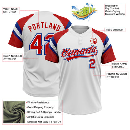 Custom White Red-Royal Raglan Sleeves Stripes Two-Button Unisex Softball Jersey