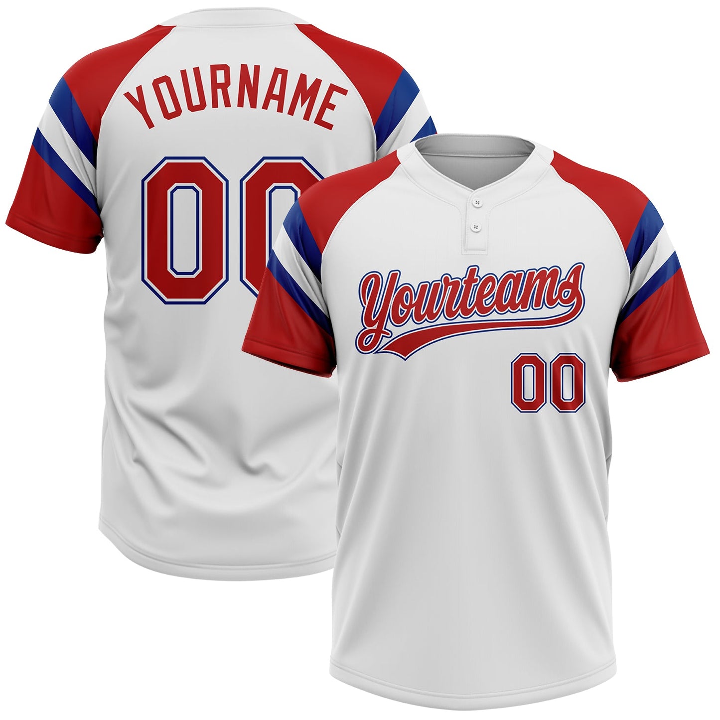 Custom White Red-Royal Raglan Sleeves Stripes Two-Button Unisex Softball Jersey