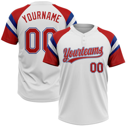 Custom White Red-Royal Raglan Sleeves Stripes Two-Button Unisex Softball Jersey