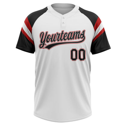Custom White Black-Red Raglan Sleeves Stripes Two-Button Unisex Softball Jersey
