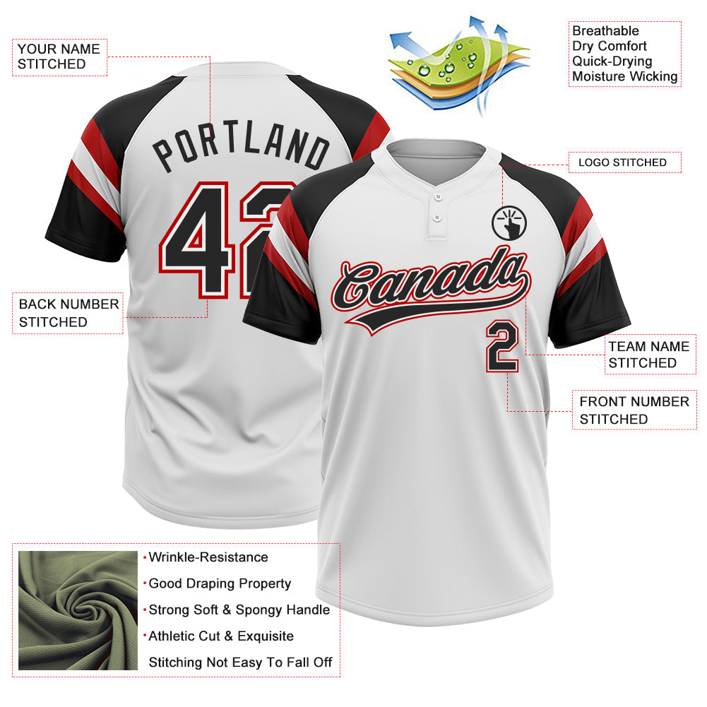 Custom White Black-Red Raglan Sleeves Stripes Two-Button Unisex Softball Jersey