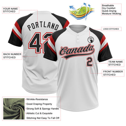 Custom White Black-Red Raglan Sleeves Stripes Two-Button Unisex Softball Jersey
