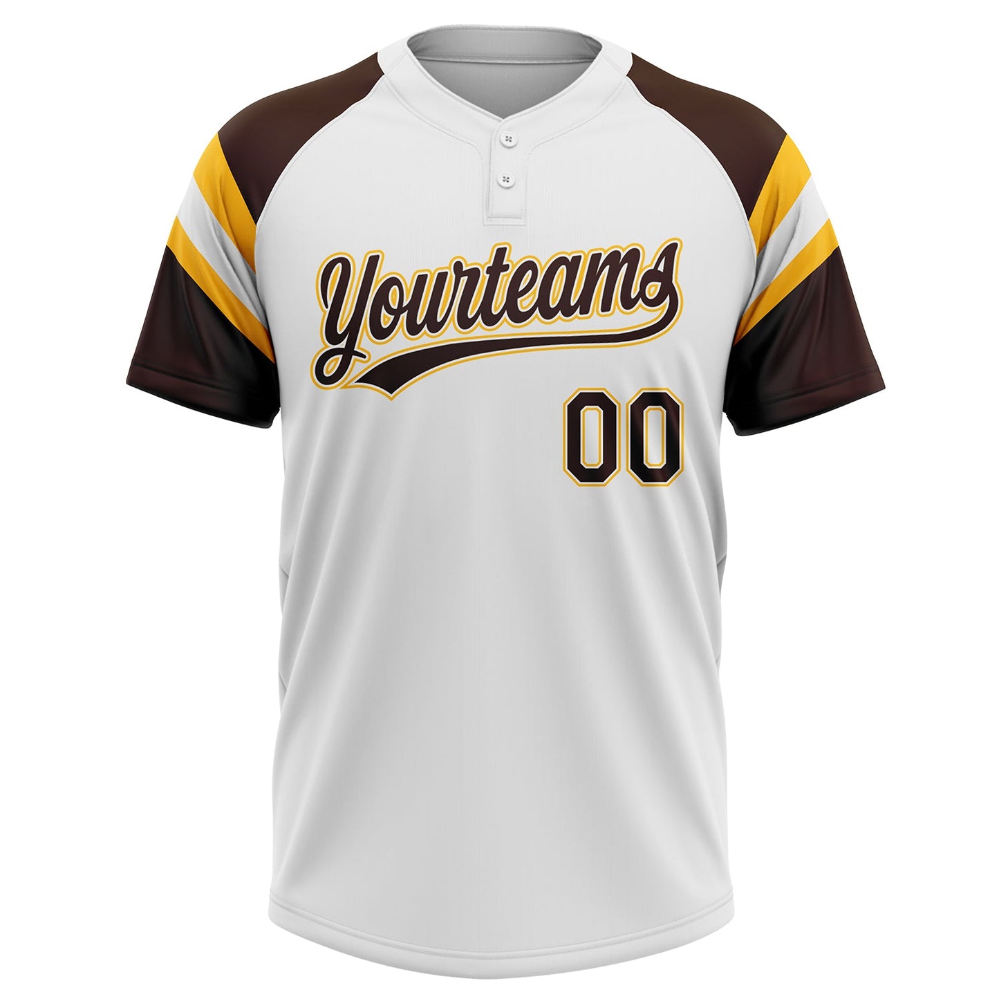 Custom White Brown-Gold Raglan Sleeves Stripes Two-Button Unisex Softball Jersey
