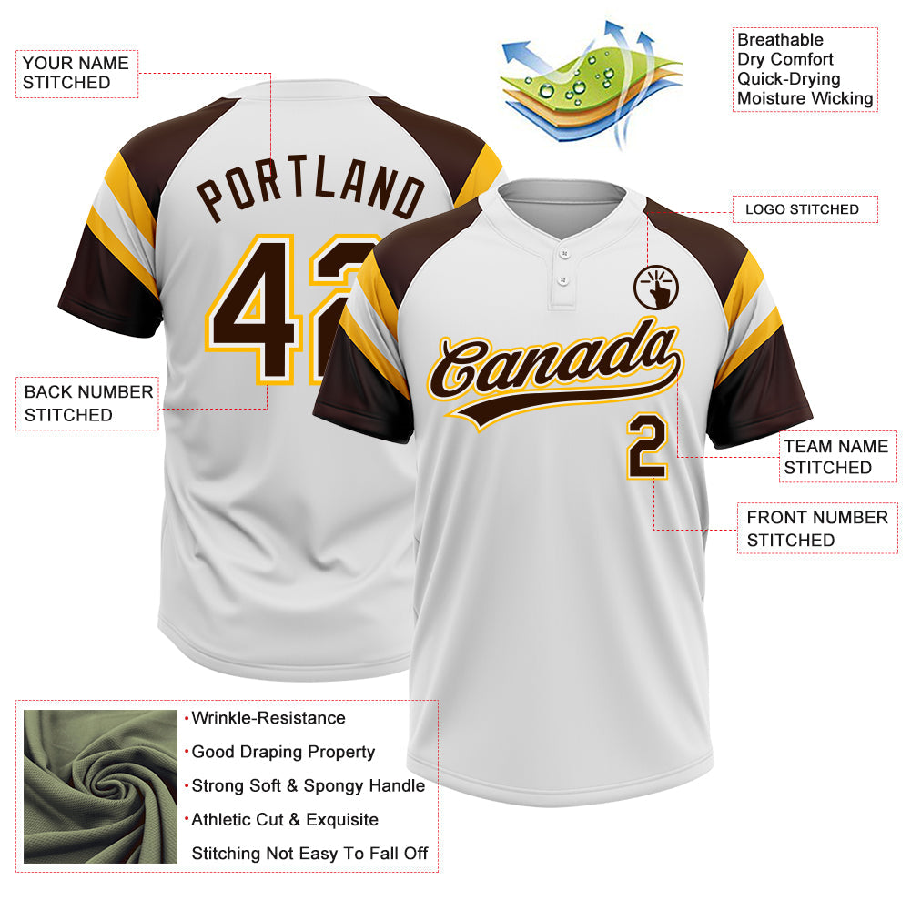 Custom White Brown-Gold Raglan Sleeves Stripes Two-Button Unisex Softball Jersey