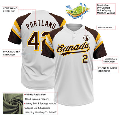 Custom White Brown-Gold Raglan Sleeves Stripes Two-Button Unisex Softball Jersey