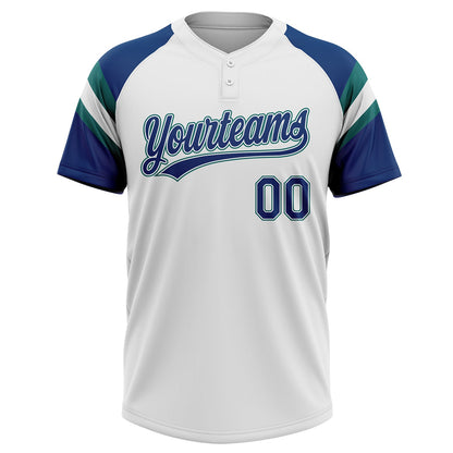 Custom White US Navy Blue-Teal Raglan Sleeves Stripes Two-Button Unisex Softball Jersey