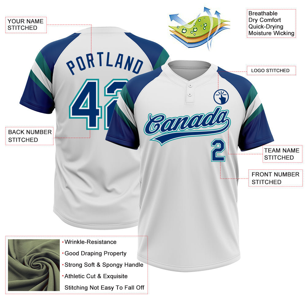 Custom White US Navy Blue-Teal Raglan Sleeves Stripes Two-Button Unisex Softball Jersey