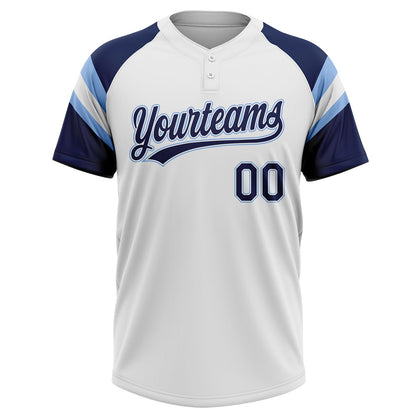 Custom White Navy-Light Blue Raglan Sleeves Stripes Two-Button Unisex Softball Jersey